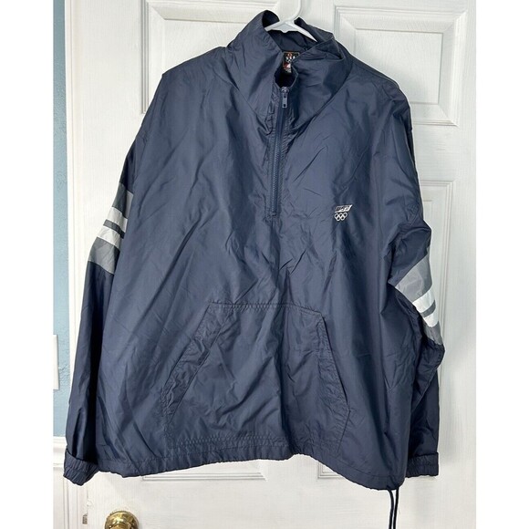 USA Olympic Windbreaker Mens XL Half Zip Pullover Navy Grey White Stripe Track - Picture 1 of 7
